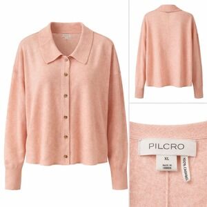 Pilcro Anthropologie 100% Cashmere Polo Cardigan Peach Pink XL Button Down